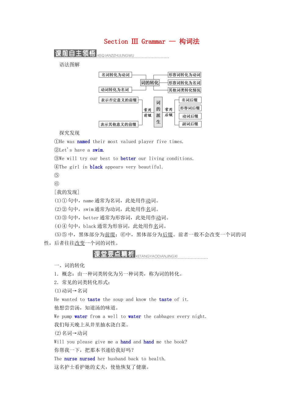 高中英语 Module 1 Basketball Section Ⅲ Grammar — 构词法教案（含解析）外研版选修7-外研版高二选修7英语教案_第1页