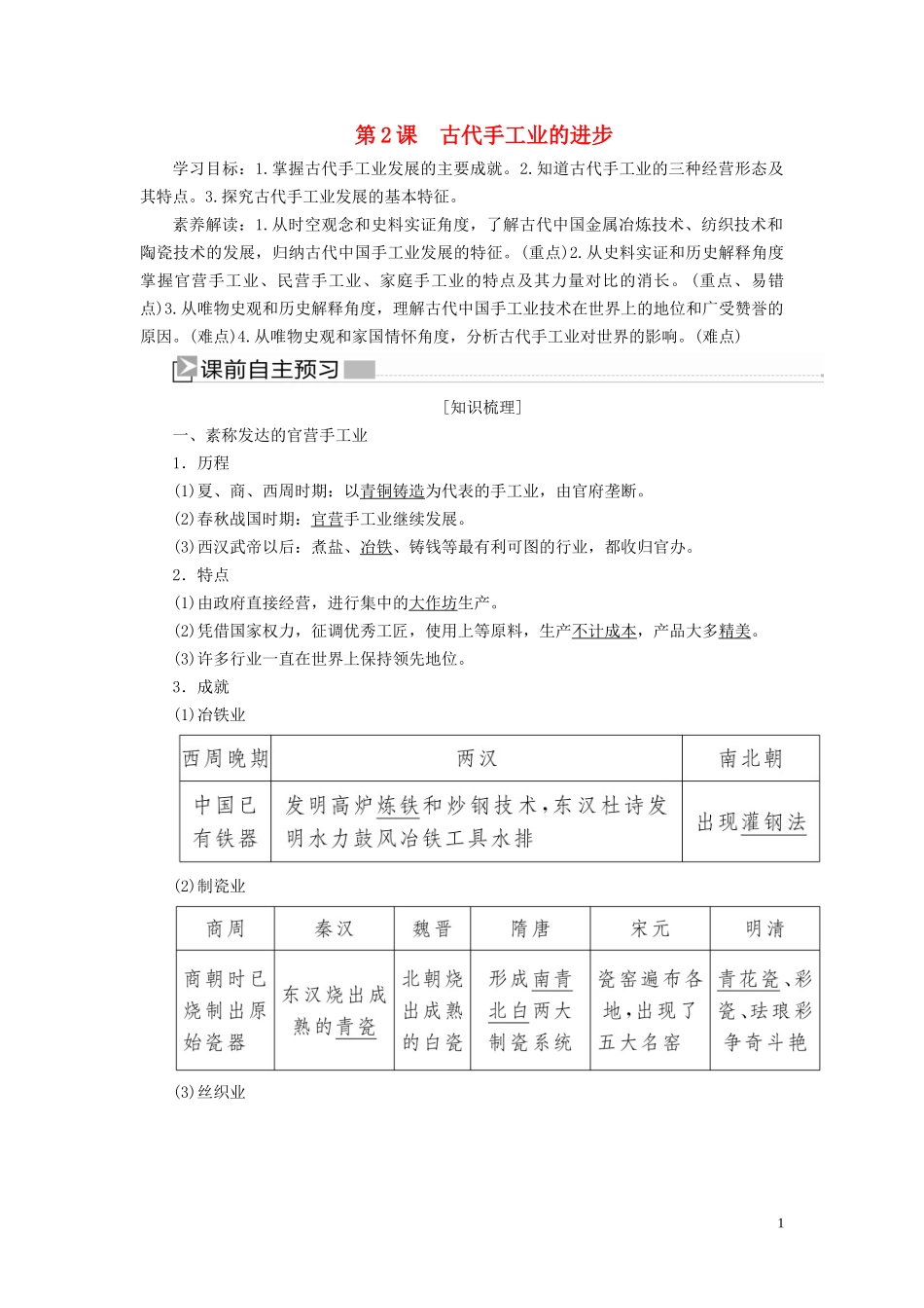 高中历史 第一单元 古代中国经济的基本结构与特点 第2课 古代手工业的进步教案 新人教版必修2-新人教版高一必修2历史教案_第1页