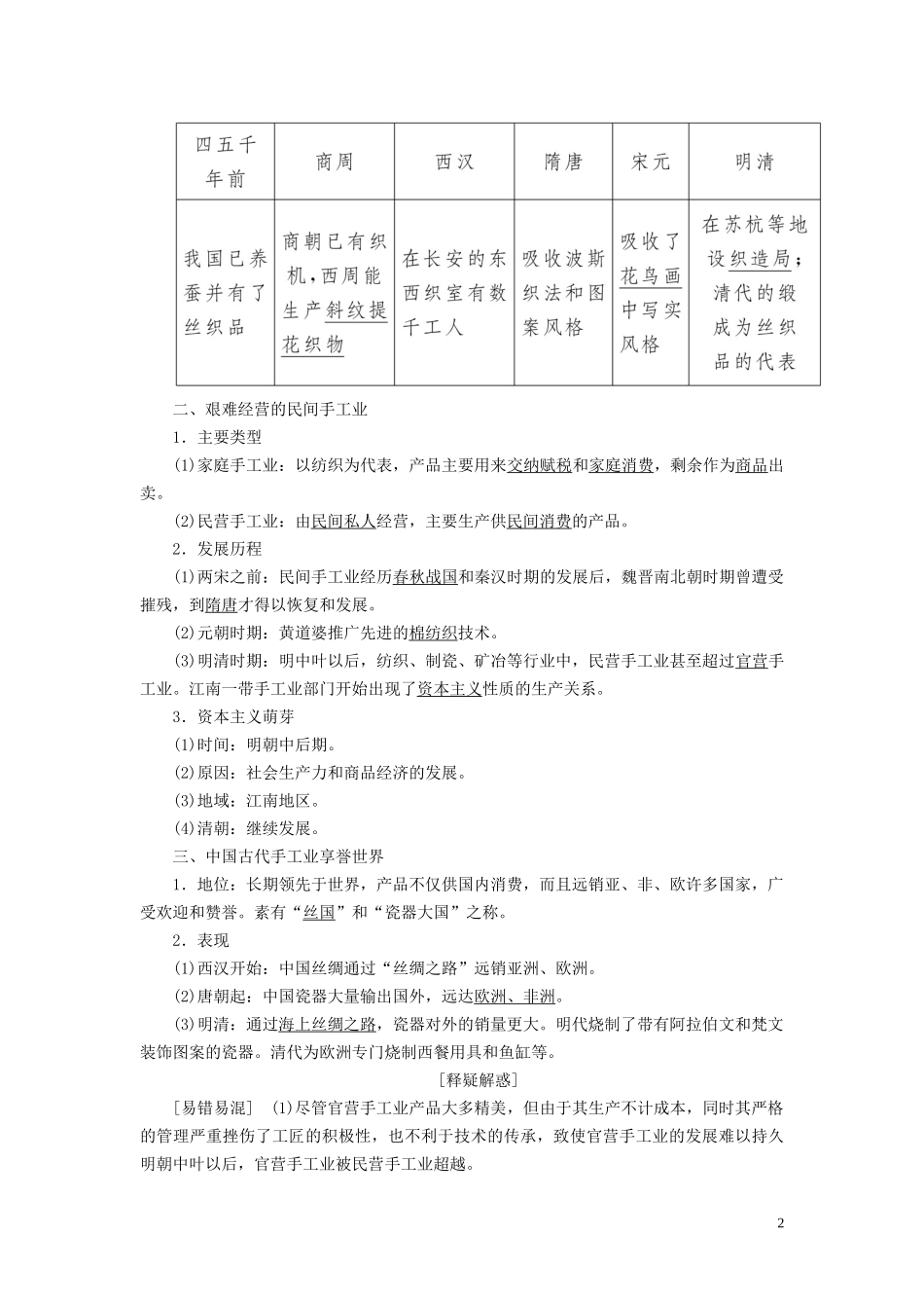 高中历史 第一单元 古代中国经济的基本结构与特点 第2课 古代手工业的进步教案 新人教版必修2-新人教版高一必修2历史教案_第2页
