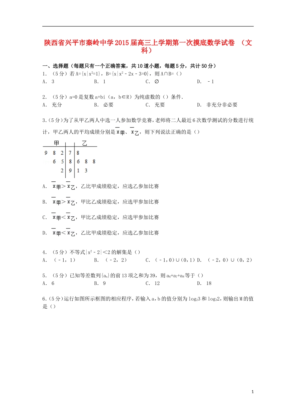 高三数学上学期第一次摸底试卷 文（含解析）-人教版高三全册数学试题_第1页