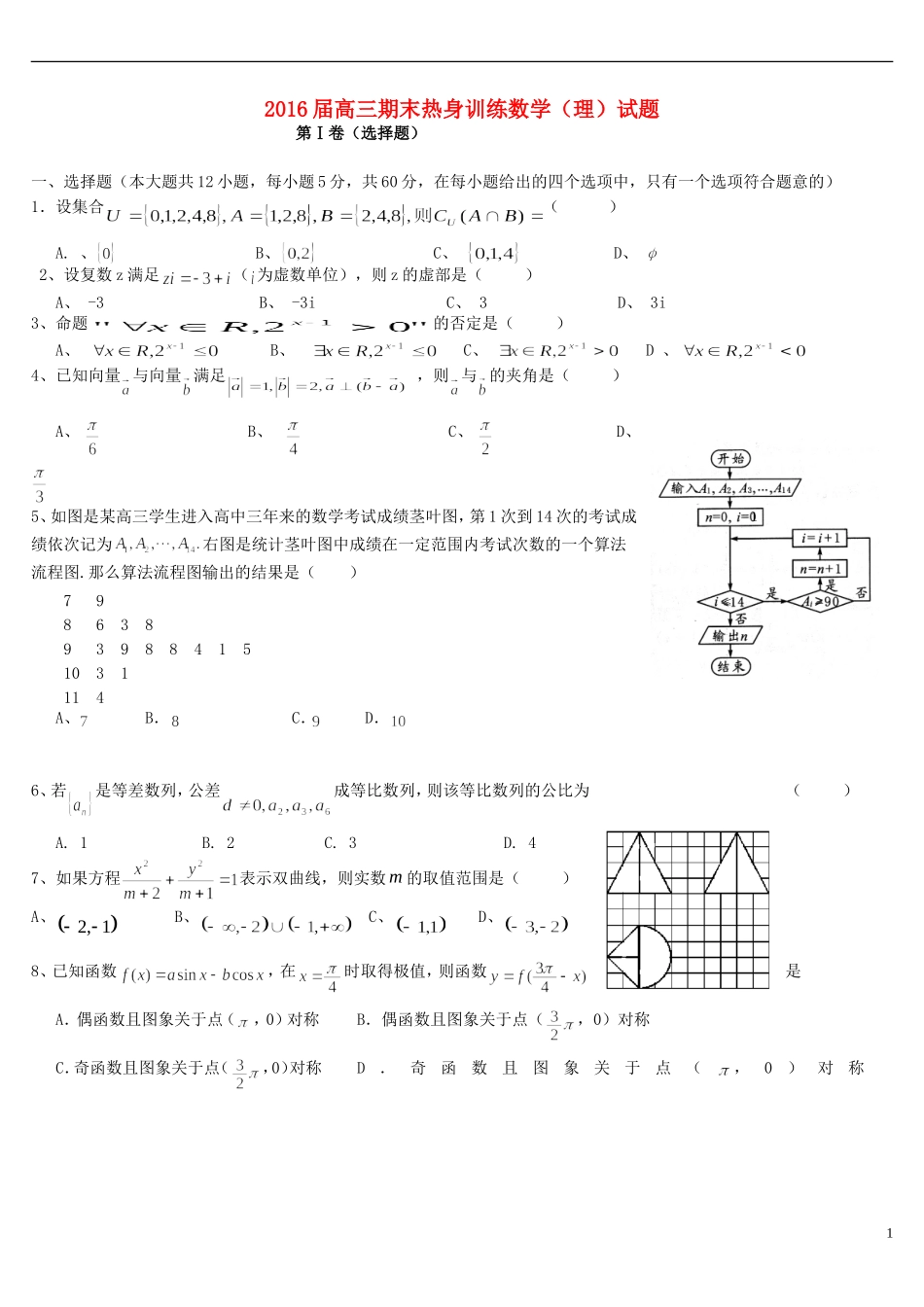 高三数学上学期期末热身模拟试题 理-人教版高三全册数学试题_第1页
