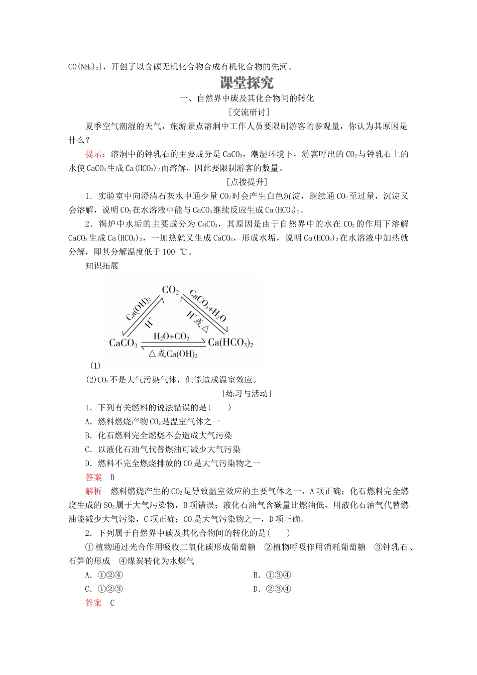 高中化学 第3章 自然界中的元素 第1节 碳的多样性 第2课时 碳及其化合物间的转化教案 鲁科版必修1-鲁科版高一必修1化学教案_第2页