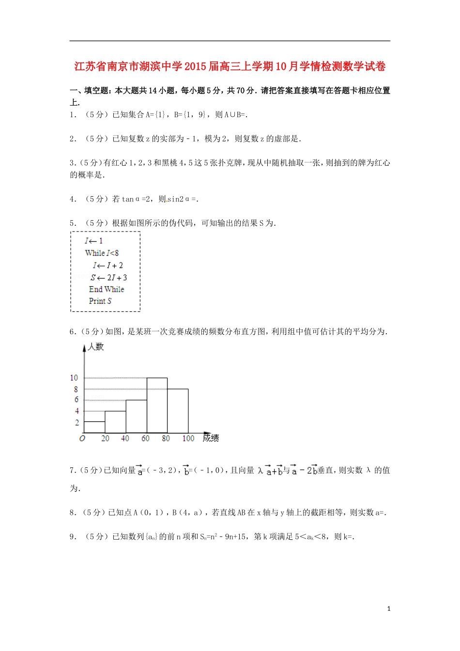 高三数学上学期10月学情检测试卷（含解析）-人教版高三全册数学试题_第1页