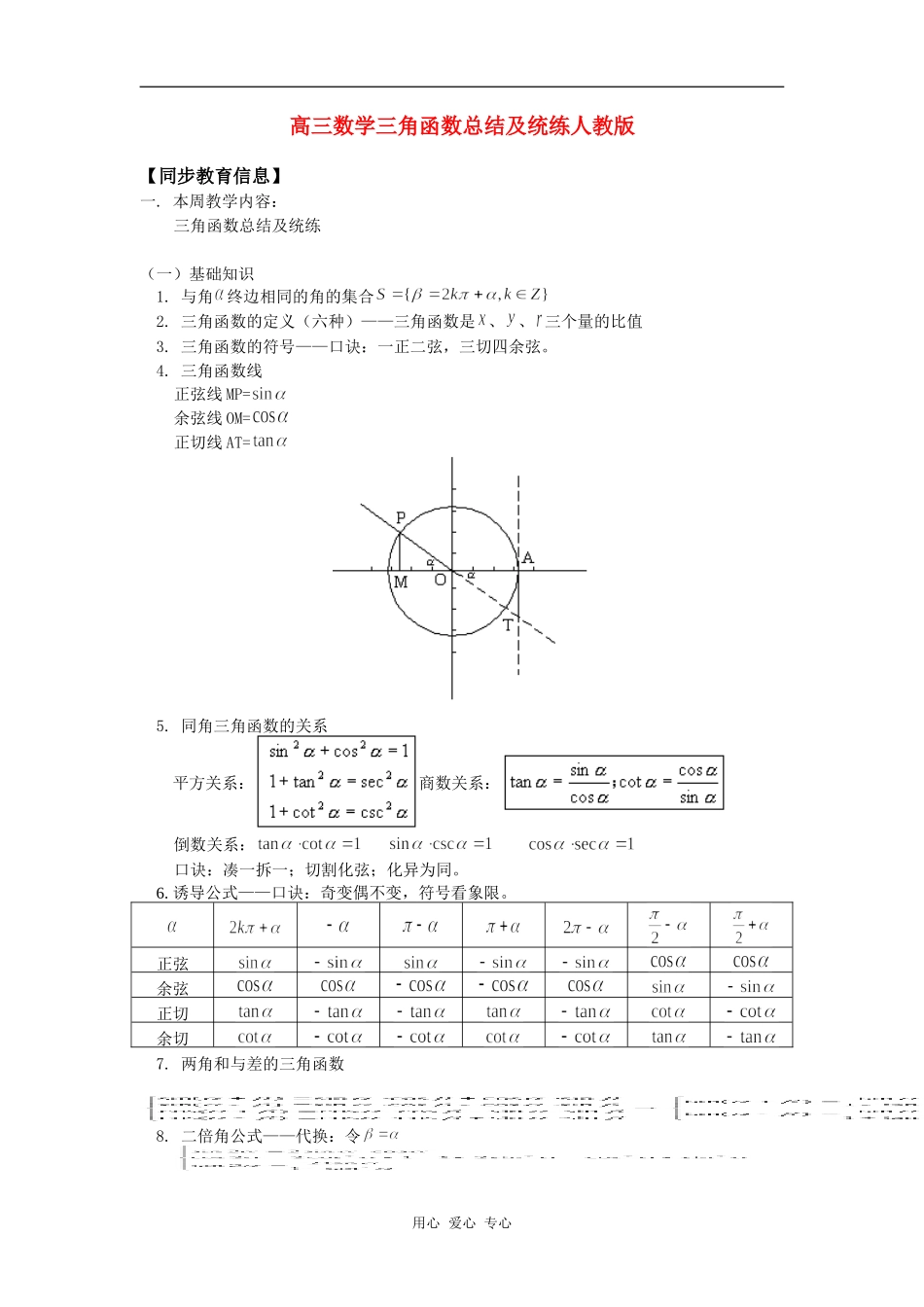 高三数学三角函数总结及统练人教版知识精讲_第1页