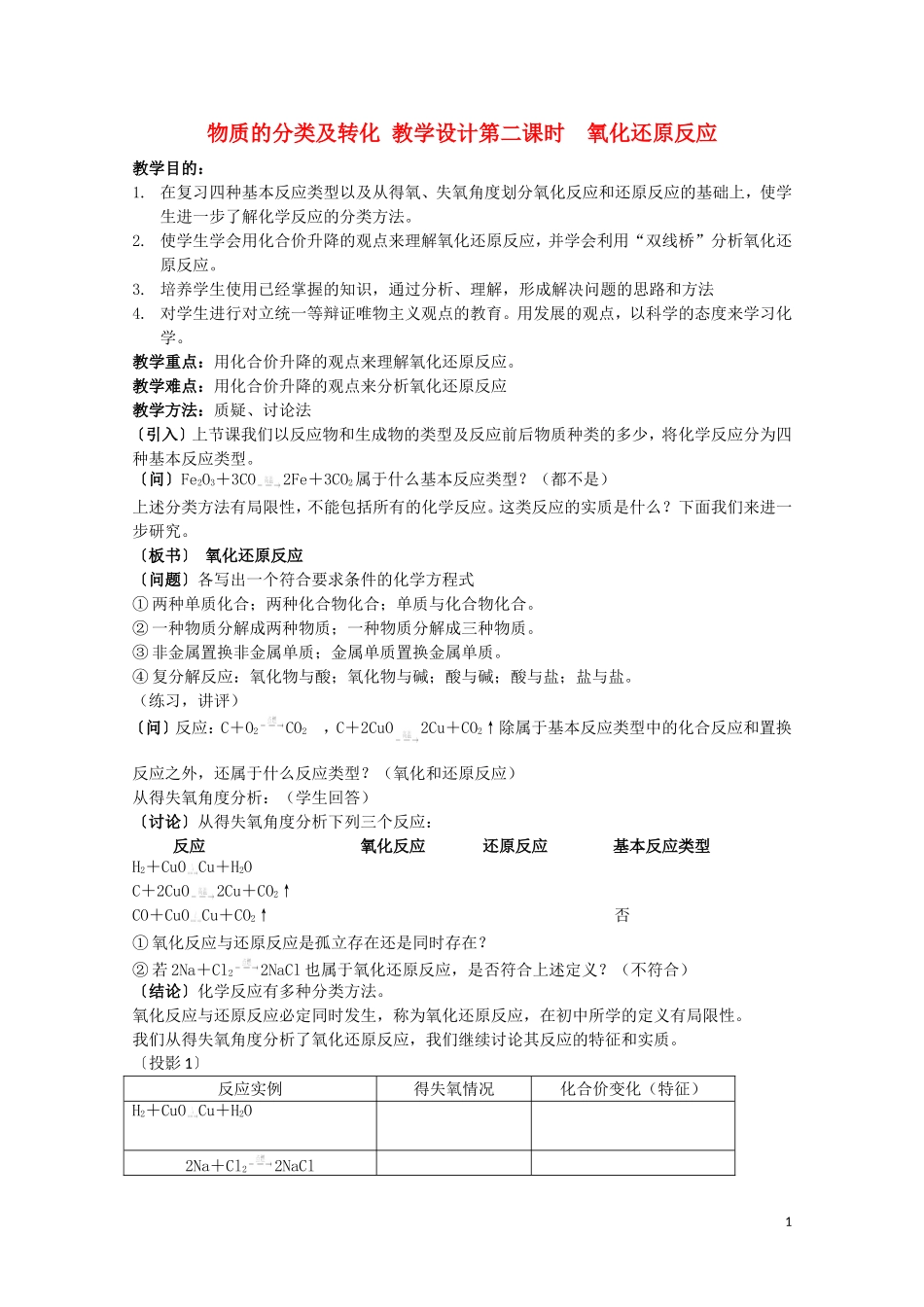 高中化学 1.1.1《物质的分类及转化(氧化还原反应)》教学设计 苏教版必修1_第1页