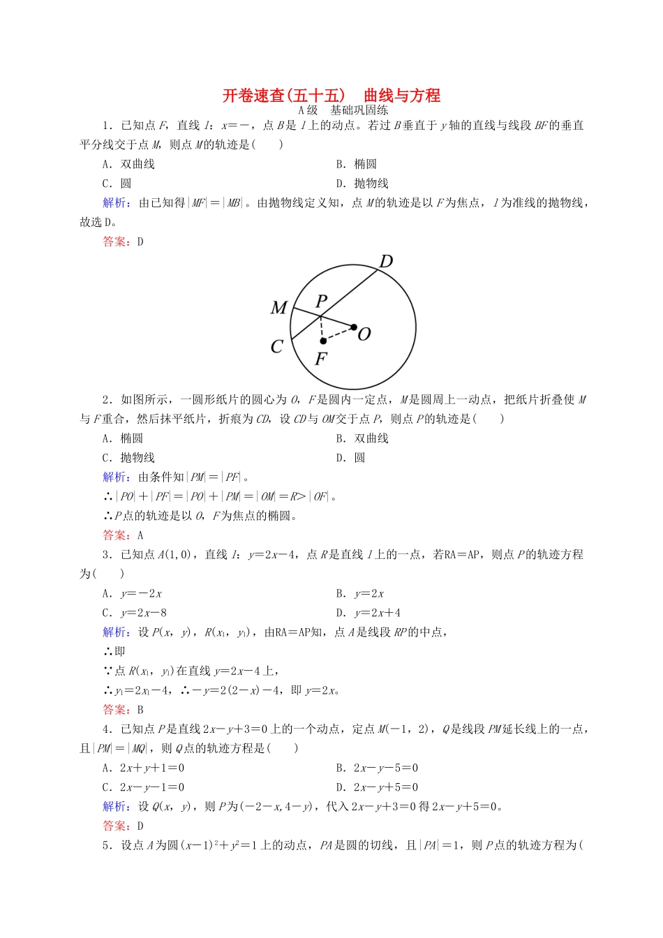 高三数学一轮总复习 第八章 解析几何 8.8 曲线与方程开卷速查-人教版高三全册数学试题_第1页