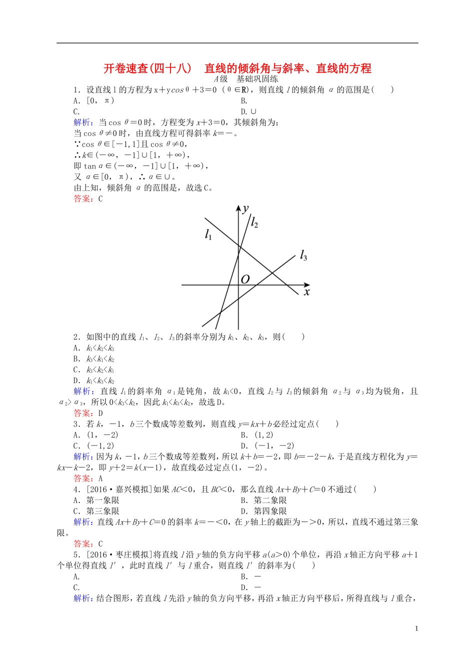 高三数学一轮总复习 第八章 解析几何 8.1 直线的倾斜角与斜率、直线的方程开卷速查-人教版高三全册数学试题_第1页
