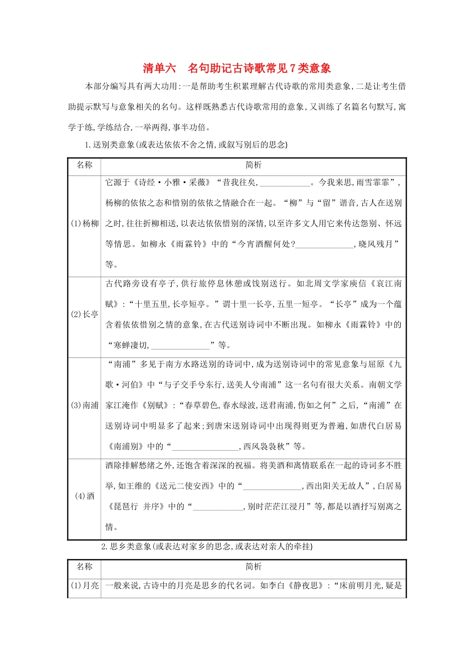版高考语文一轮复习 清单六 名句助记古诗歌常见7类意象教案-人教版高三全册语文教案_第1页