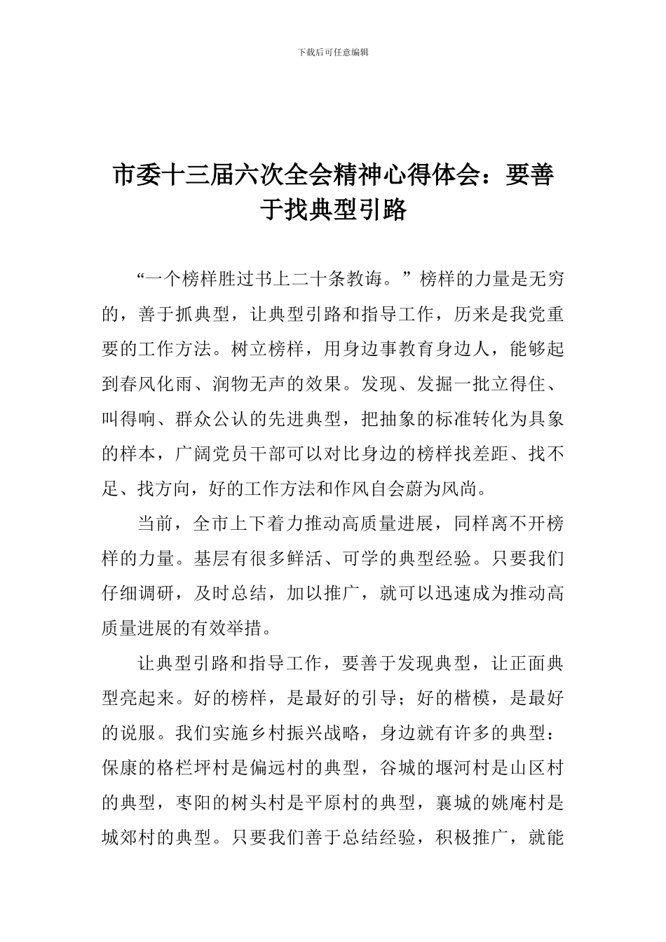 市委十三届六次全会精神心得体会：要善于找典型引路_第1页