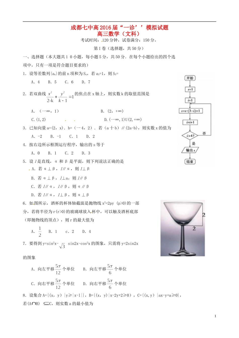 高三数学一诊模拟试题 文-人教版高三全册数学试题_第1页