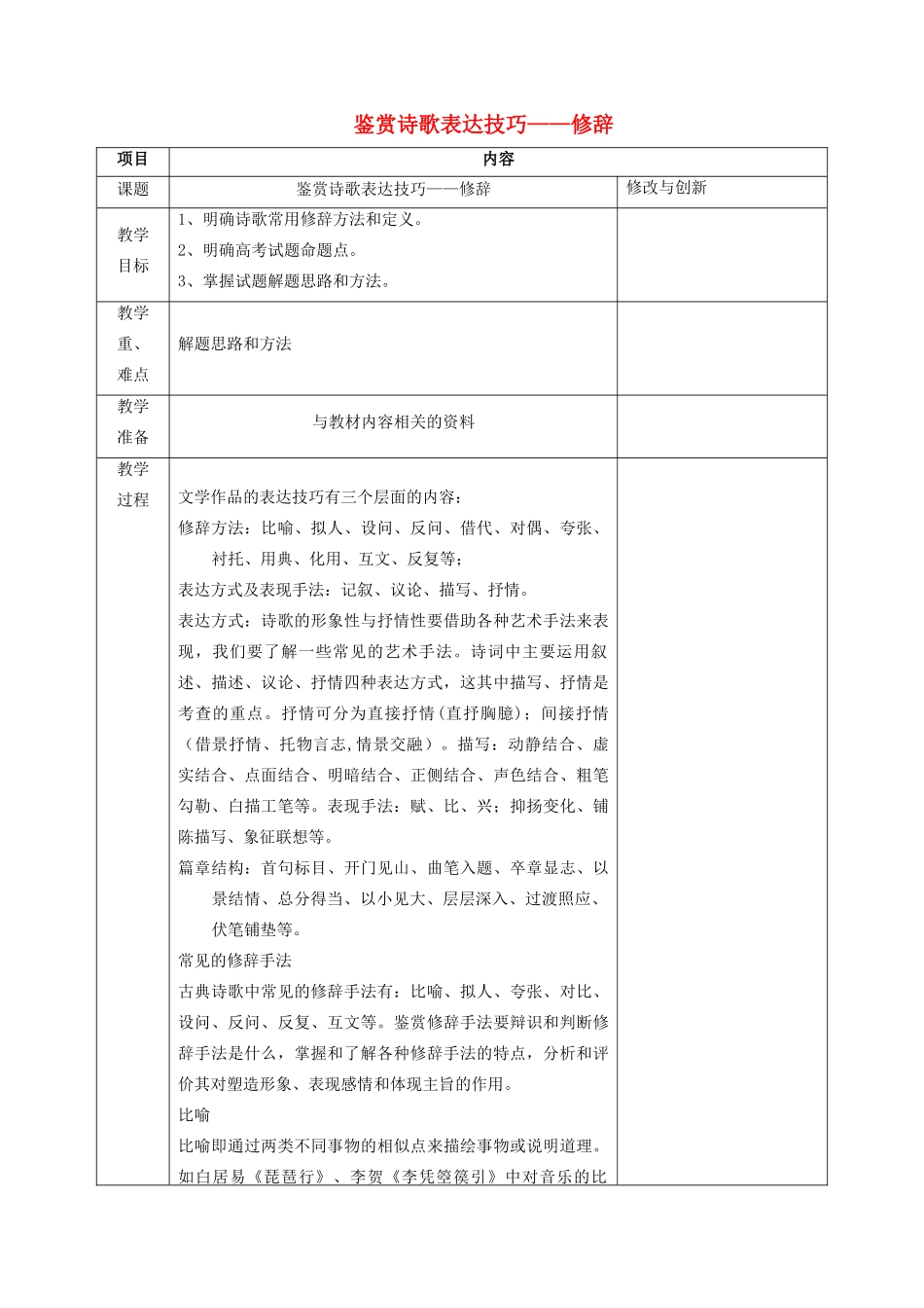 安徽省长丰县高考语文一轮复习 赏诗歌表达技巧-修辞教案-人教版高三全册语文教案_第1页