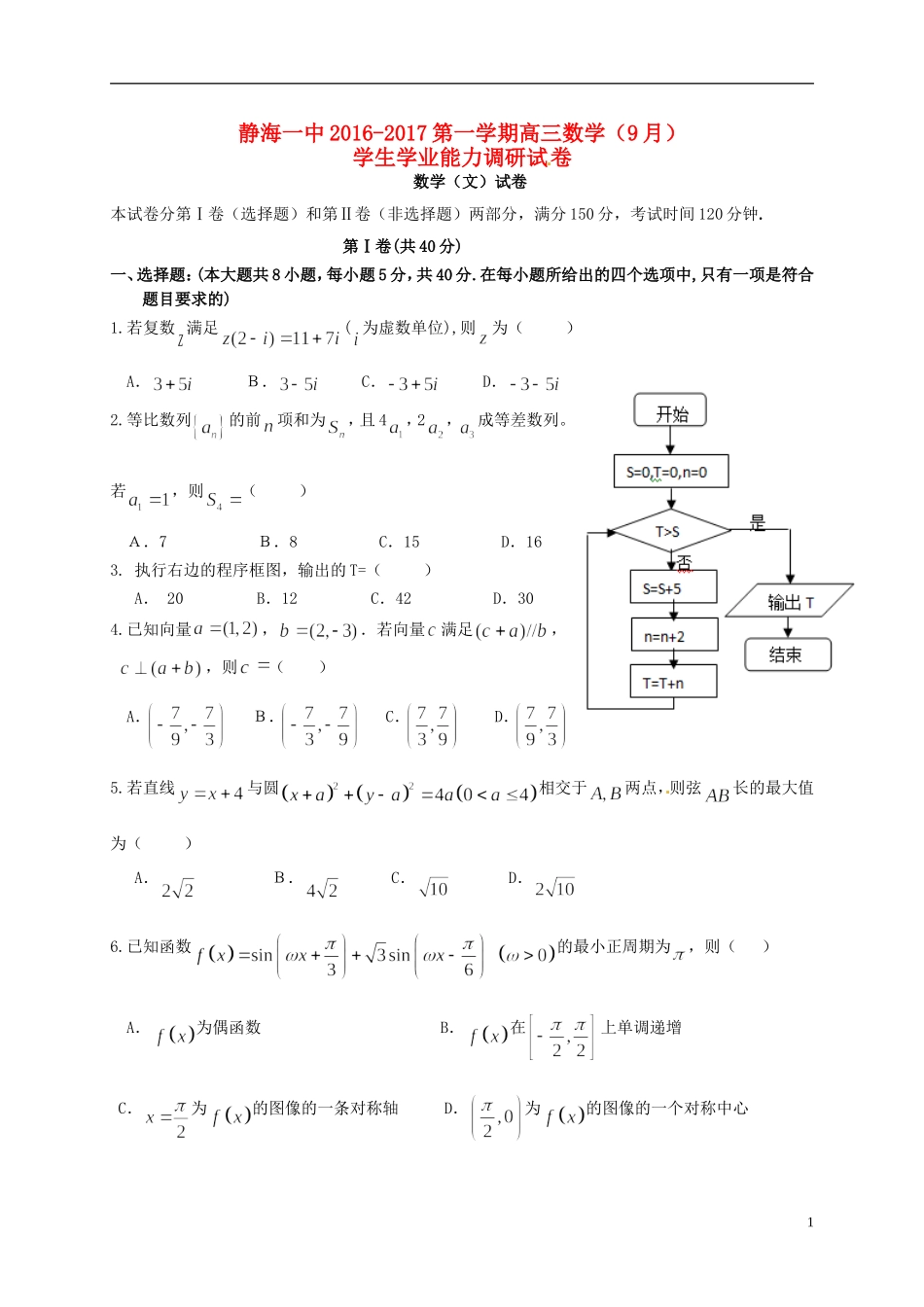 高三数学9月学生学业能力调研试题 文-人教版高三全册数学试题_第1页
