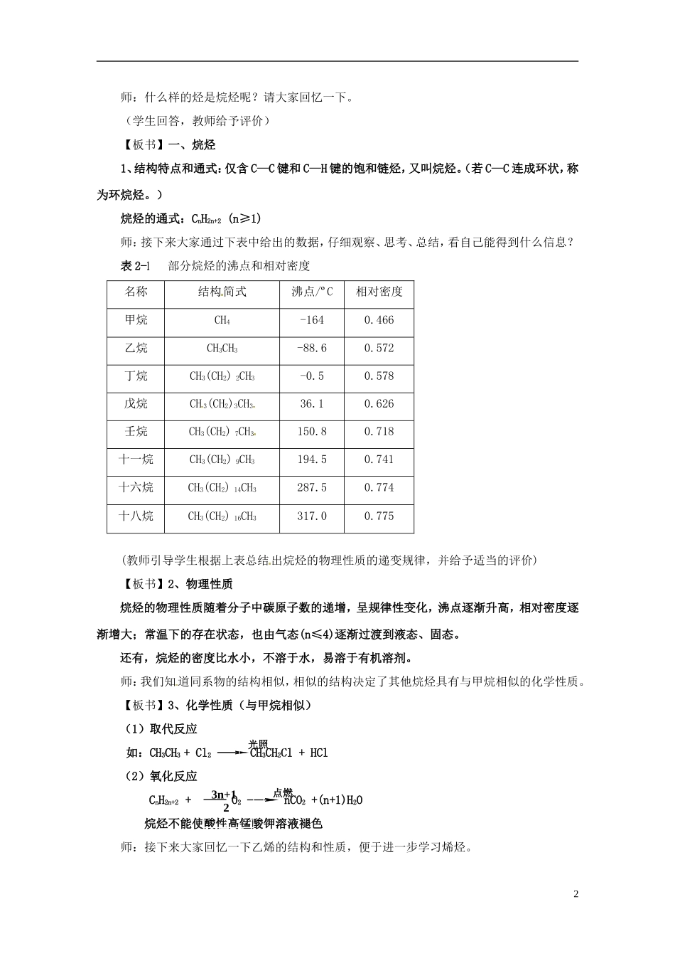 安徽省滁州二中高中化学《第二章 烃和卤代烃 第一节 脂肪烃（第一课时）》教案 新人教版选修5_第2页