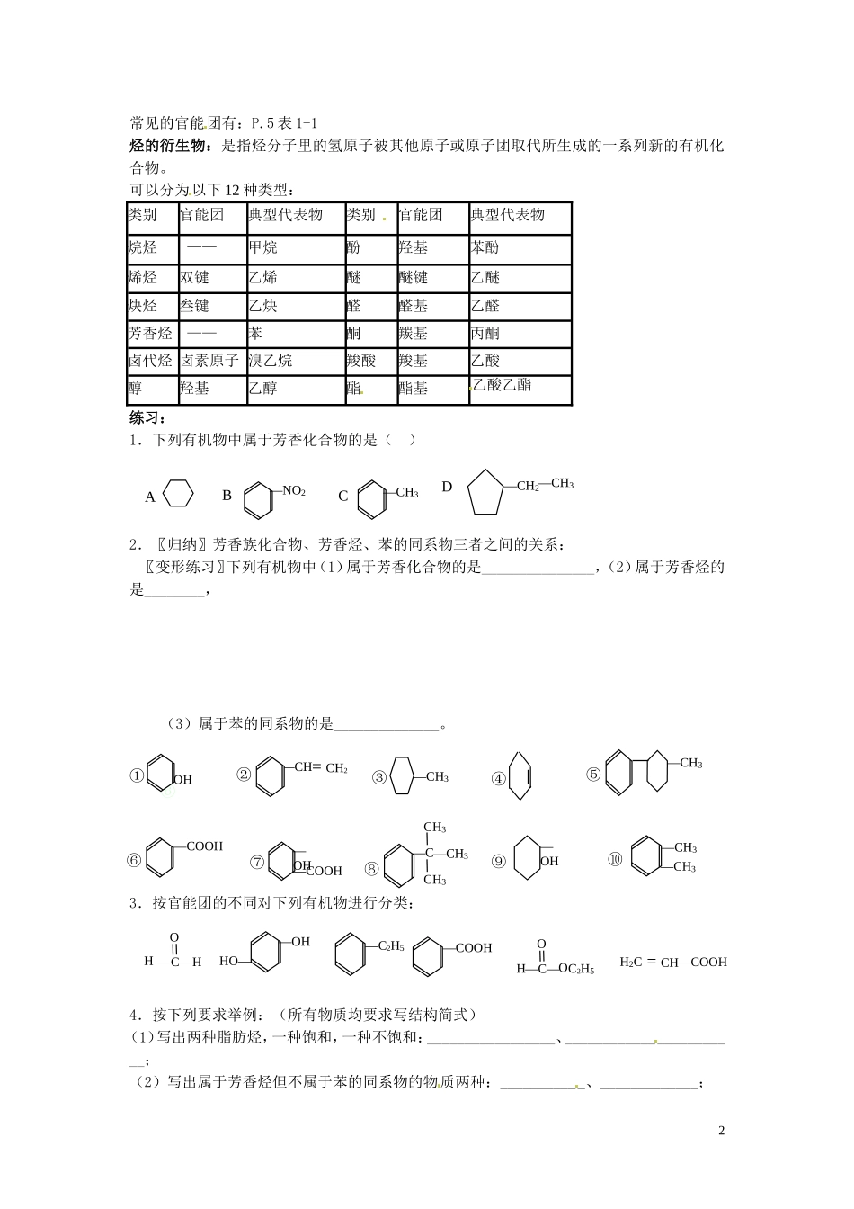 安徽省滁州二中高中化学《第一章 认识有机化合物 第一节 有机化合物的分类 新人教版选修5_第2页
