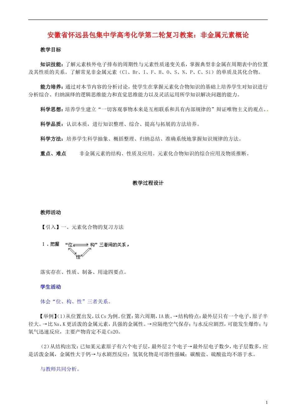 安徽省怀远县包集中学高考化学第二轮复习 非金属元素概论_第1页