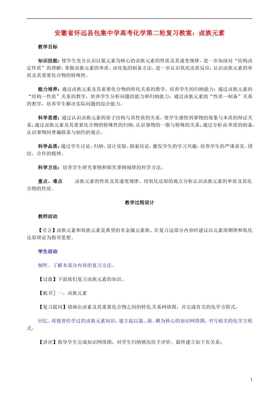 安徽省怀远县包集中学高考化学第二轮复习 卤族元素教案_第1页