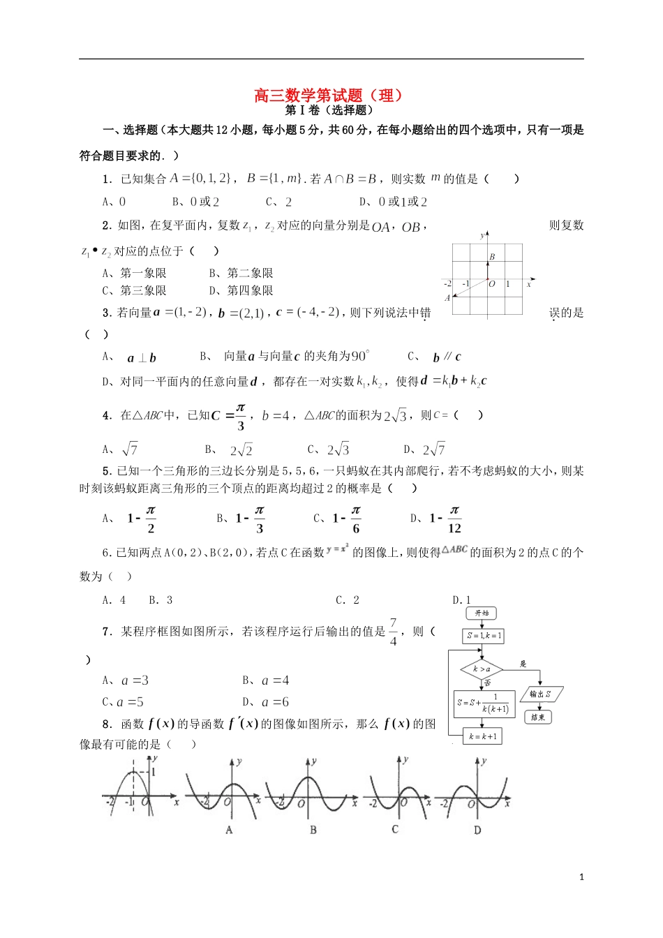 高三数学5月统练试题1 理-人教版高三全册数学试题_第1页