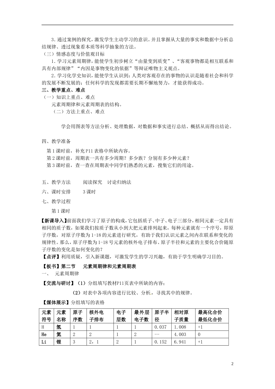 安徽省怀远县包集中学高中化学 第二节《元素周期律和元素周期表》教案 鲁科版必修2_第2页