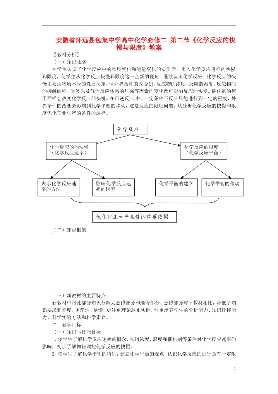 安徽省怀远县包集中学高中化学 第二节《化学反应的快慢与限度》教案 鲁科版必修2_第1页