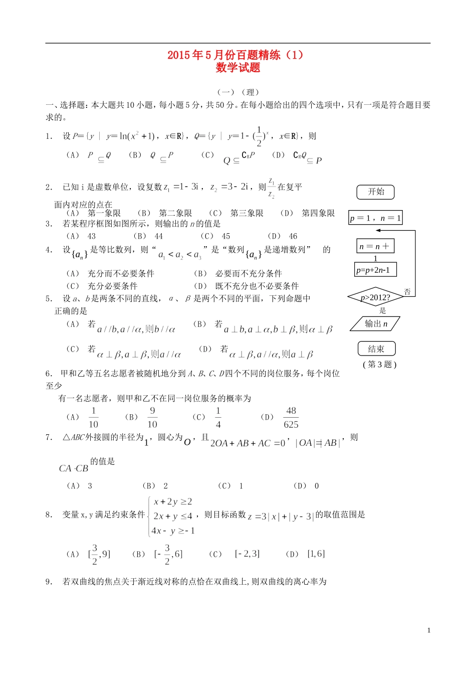 高三数学5月份百题精练（1）-人教版高三全册数学试题_第1页