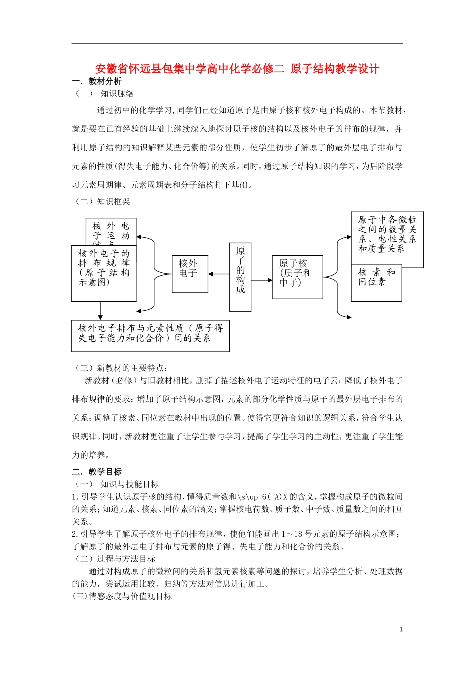 安徽省怀远县包集中学高中化学 原子结构教学设计 鲁科版必修2_第1页