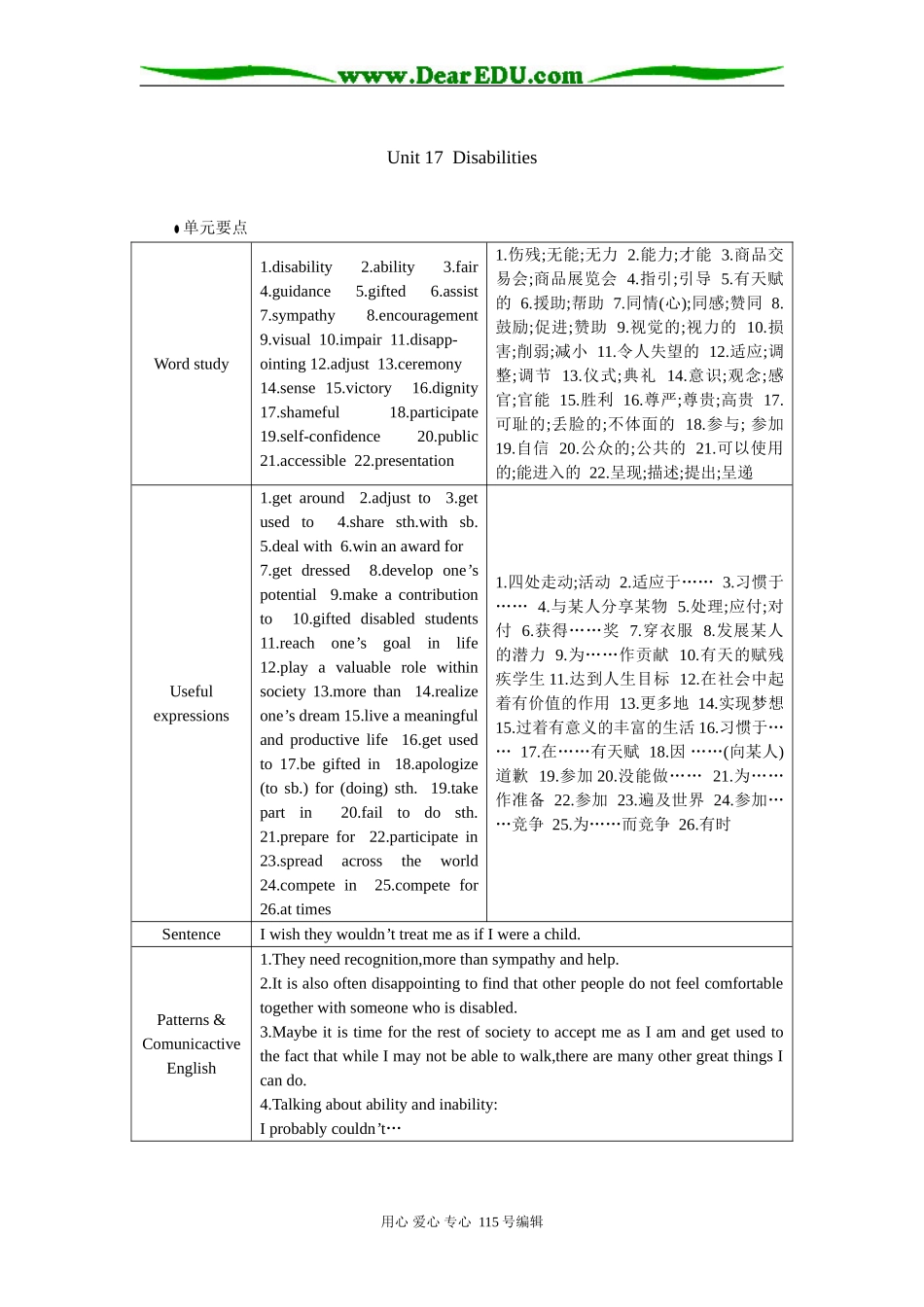 单元要点（Unit17 Disabilities）_第1页