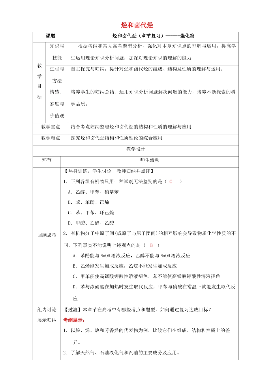北京市高二化学 第二章 烃和卤代烃章末复习（强化篇）教学设计-人教版高二全册化学教案_第1页