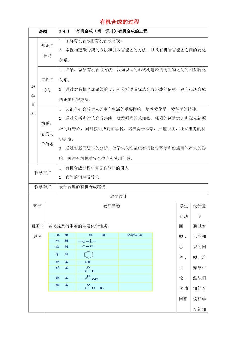 北京市高二化学 3.4.1 有机合成的过程教学设计-人教版高二全册化学教案_第1页