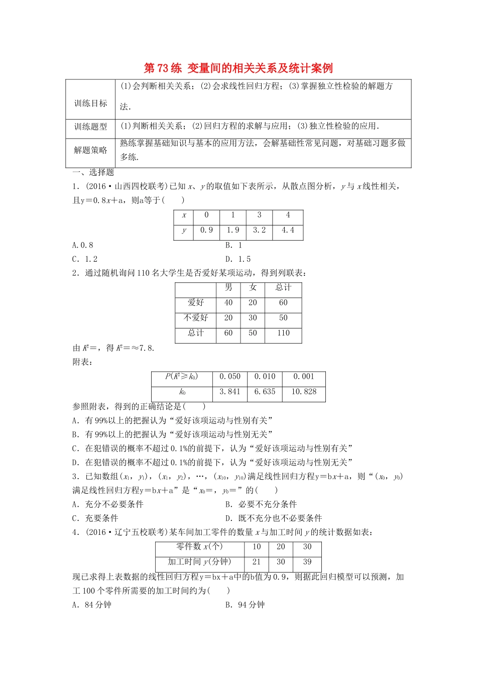 高三数学 第73练 变量间的相关关系及统计案例练习-人教版高三全册数学试题_第1页