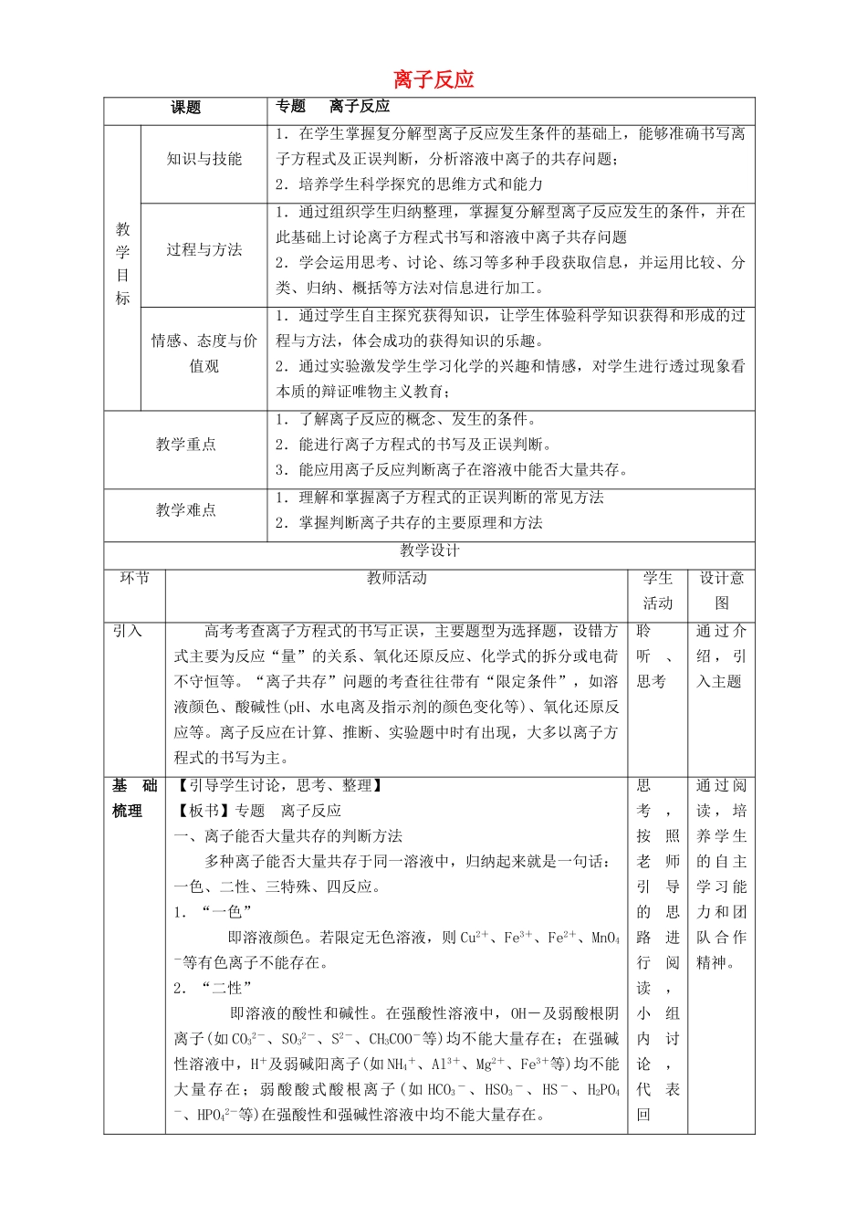 北京市高一化学 2.3.3 离子反应专题教学设计-人教版高一全册化学教案_第1页