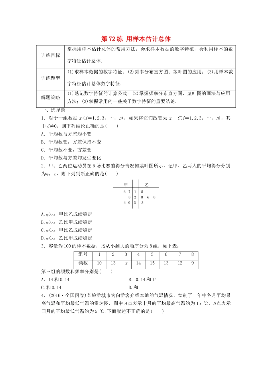 高三数学 第72练 用样本估计总体练习-人教版高三全册数学试题_第1页
