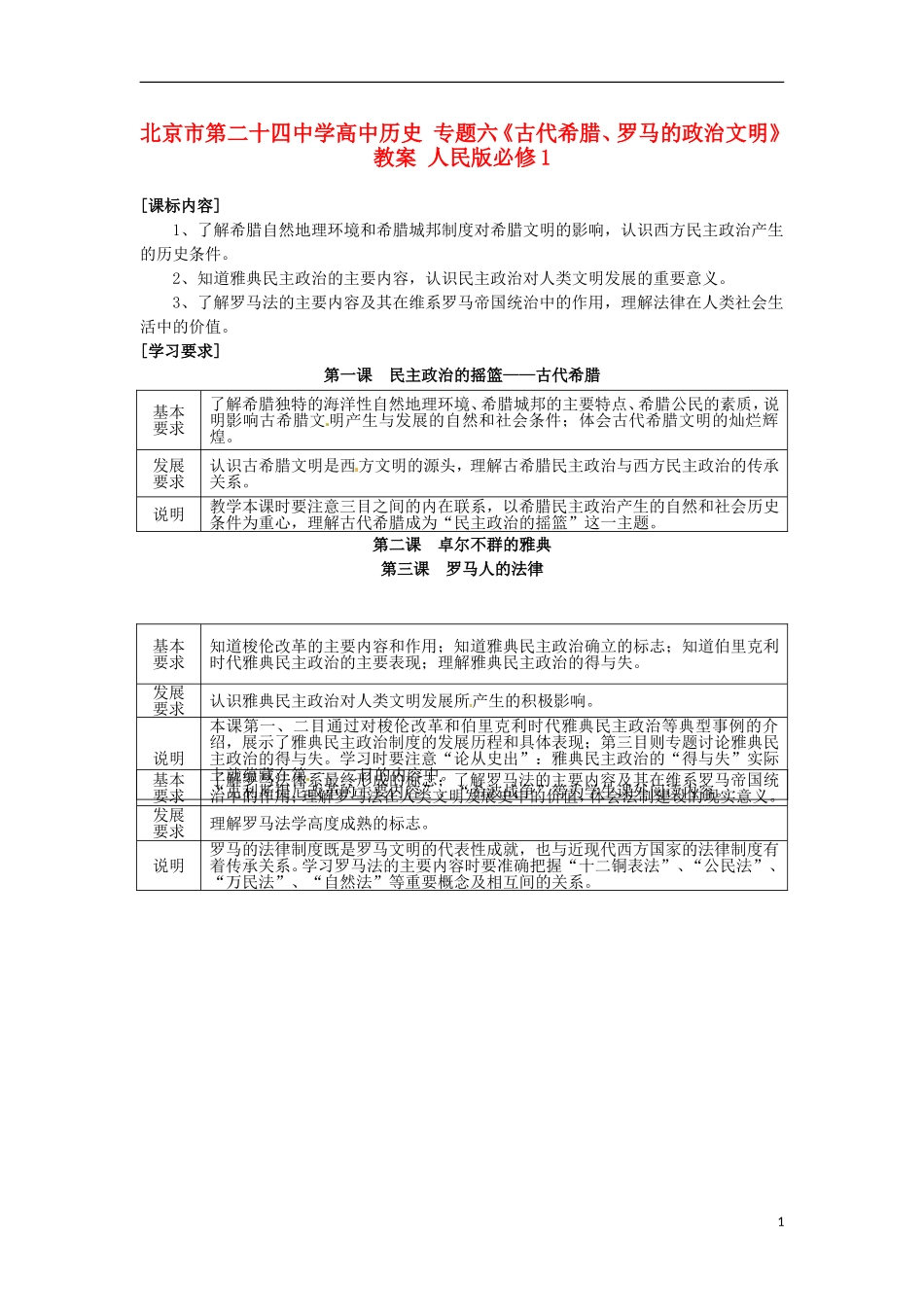 北京市第二十四中学高中历史 专题六《古代希腊、罗马的政治文明》教案 人民版必修1_第1页
