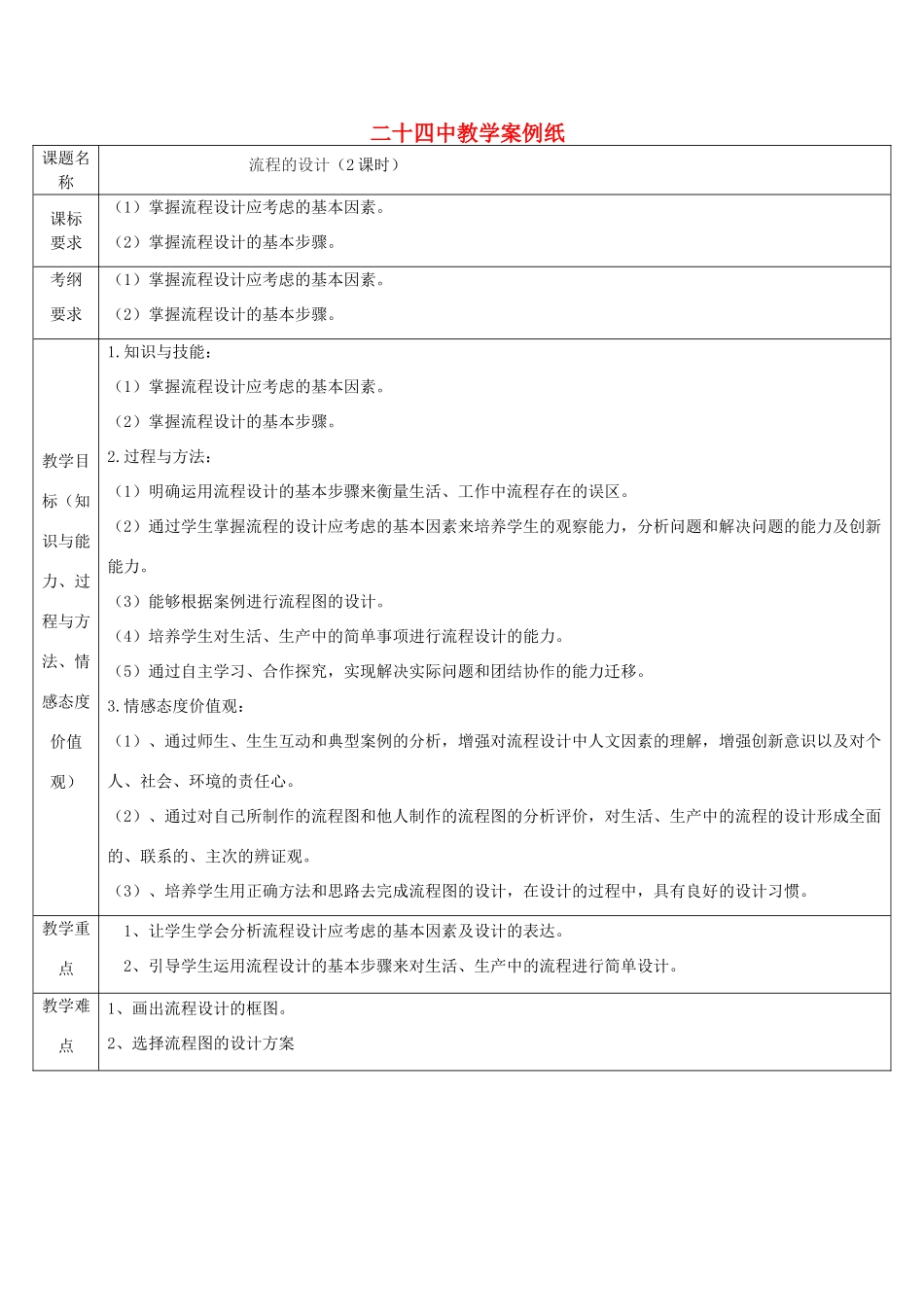北京市第二十四中学高中通用技术《技术与设计2》2.2《流程的设计》教案 苏教版_第1页