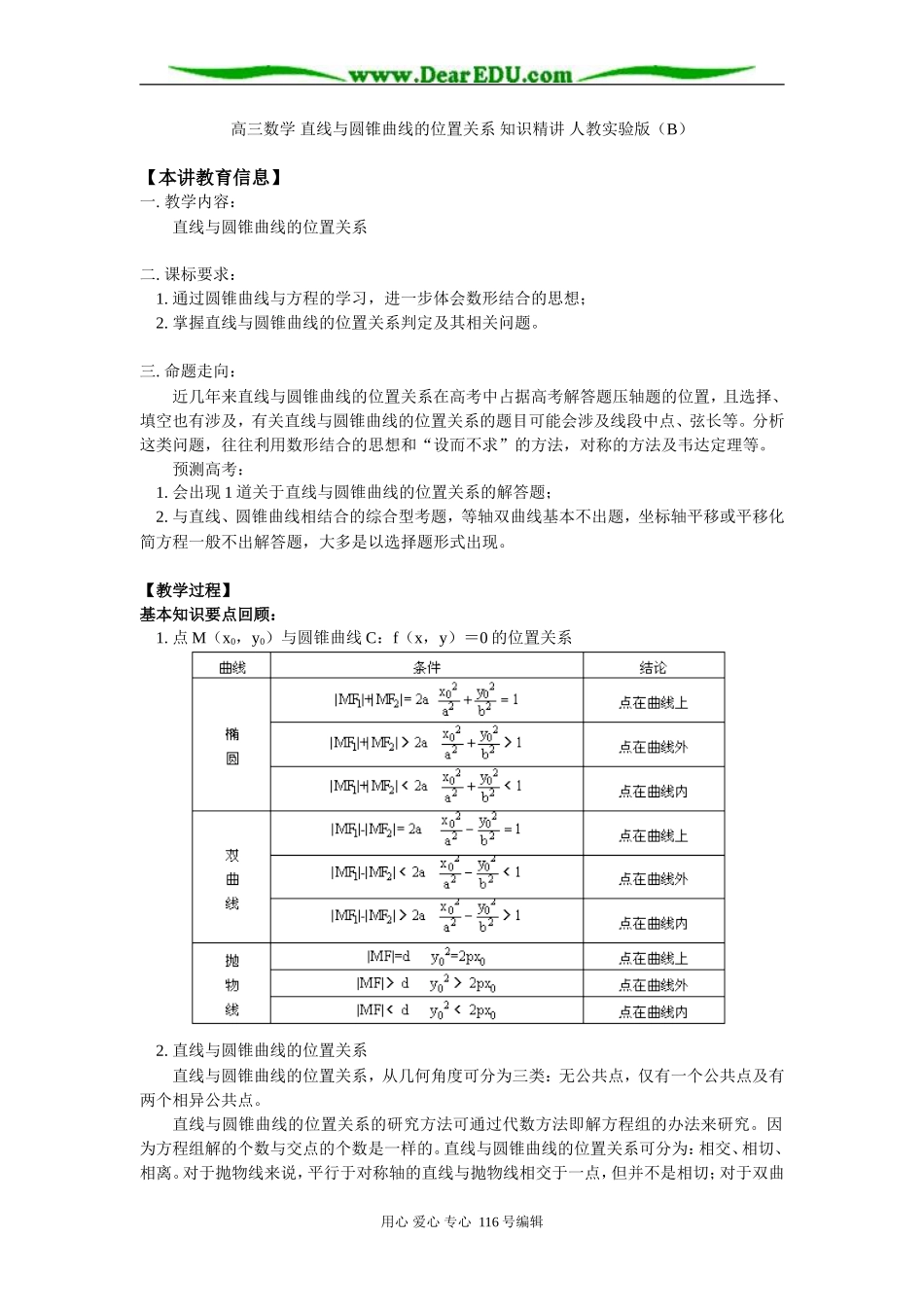 高三数学 直线与圆锥曲线的位置关系 知识精讲 人教实验版（B）_第1页