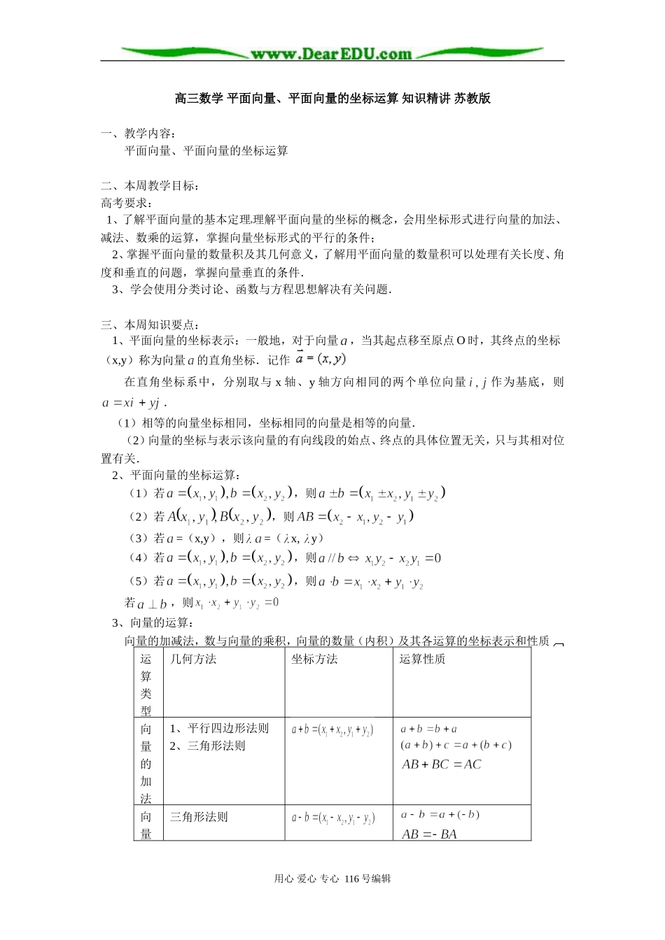 高三数学 平面向量、平面向量的坐标运算 知识精讲 苏教版_第1页