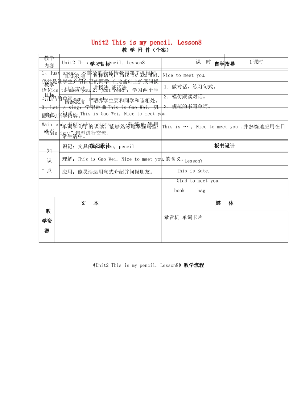 三年级英语上册 Unit2 This is my pencil. Lesson8教案 人教新版-人教版小学三年级上册英语教案_第1页