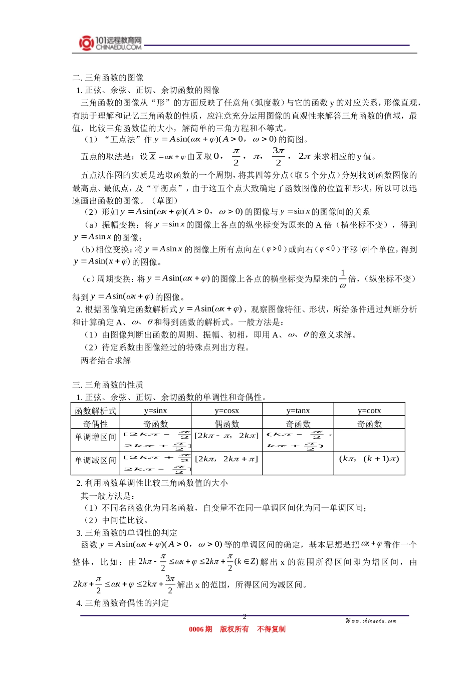 高三数学 同角三角函数关系与诱导公式、三角函数的图像、三角函数的性质 知识精讲_第2页
