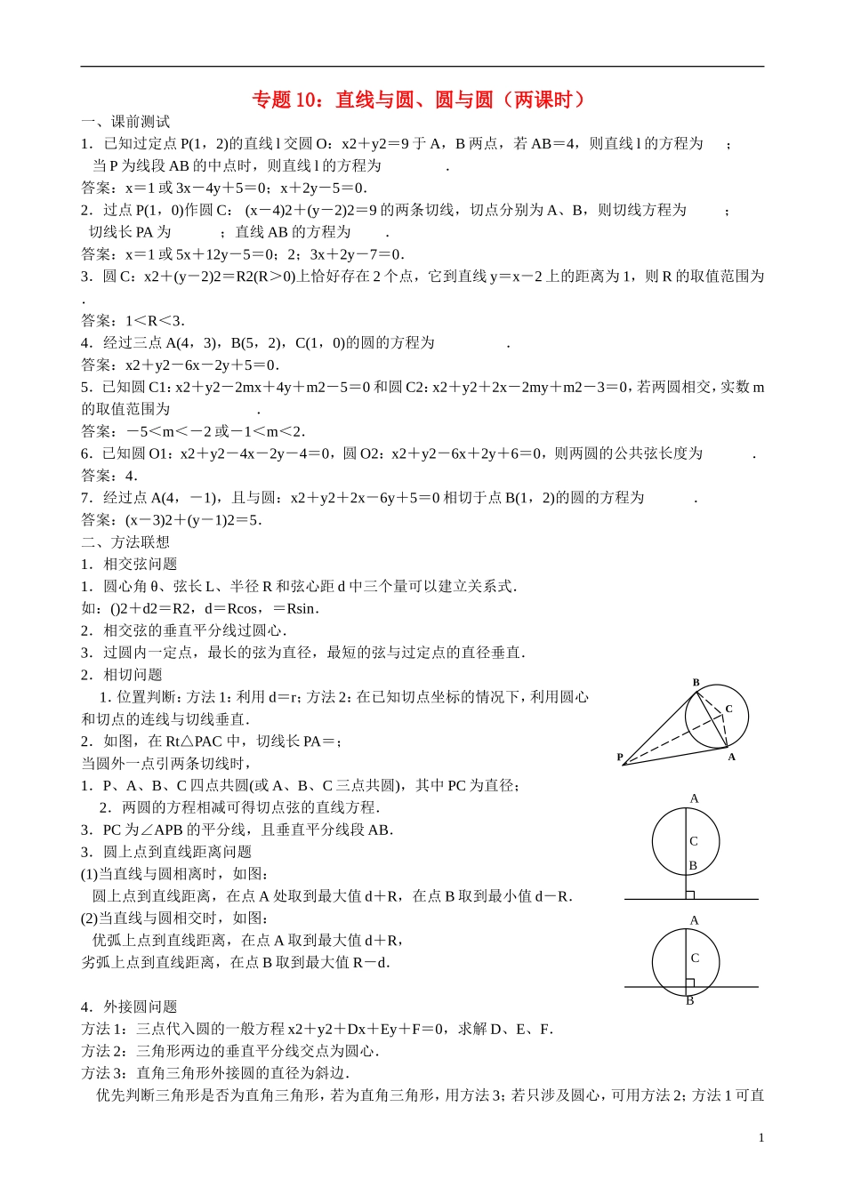 高三数学 专题10 直线与圆、圆与圆练习-人教版高三全册数学试题_第1页