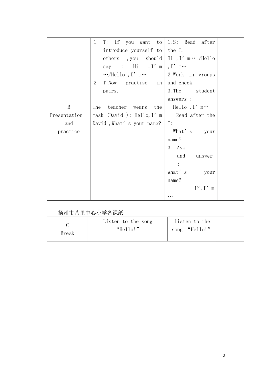 三年级英语上册 Unit1 Hello!教案（1） 沪教牛津版（三起）_第2页