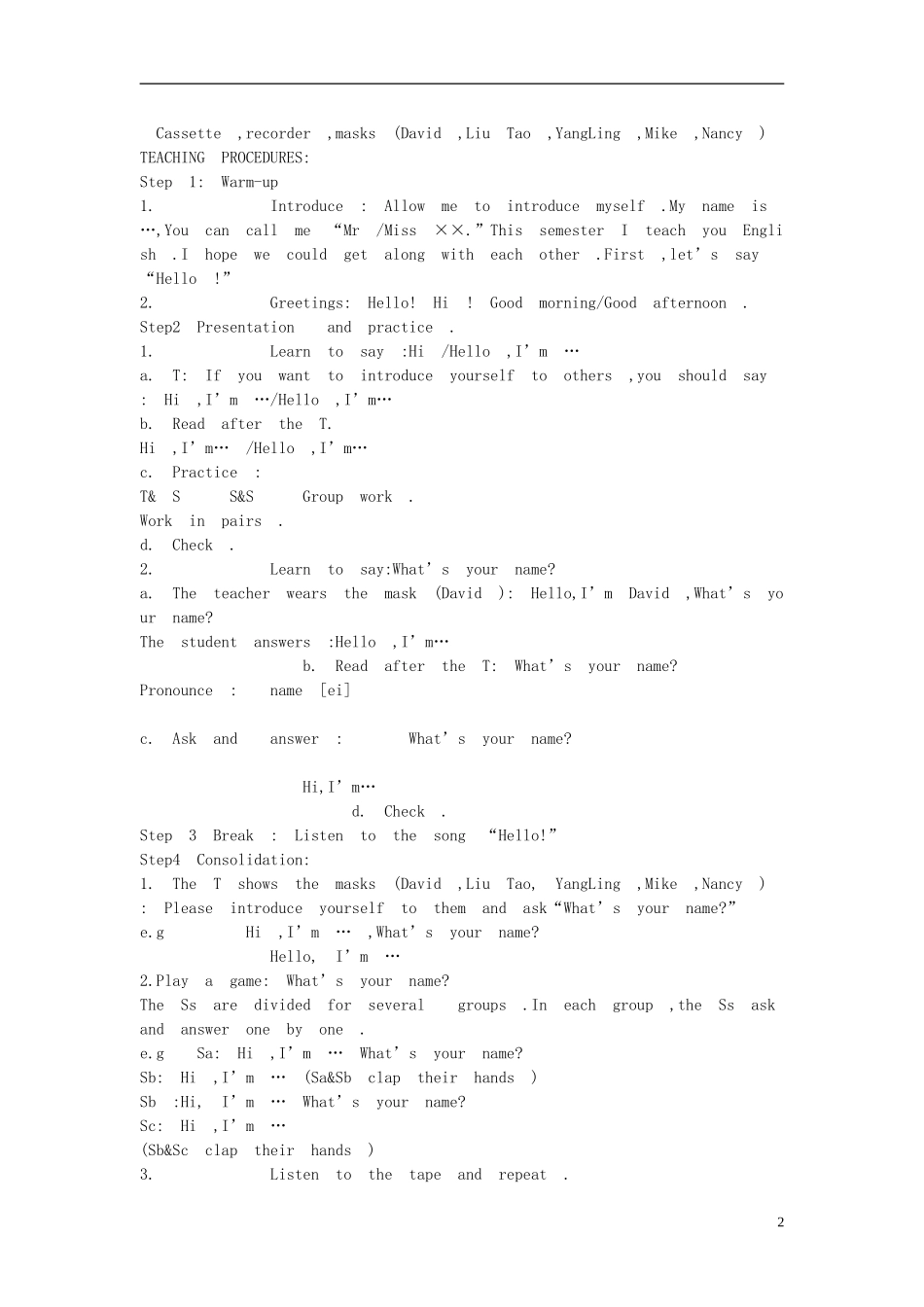 三年级英语上册 Unit1 Hello!教案（2） 沪教牛津版（三起）_第2页