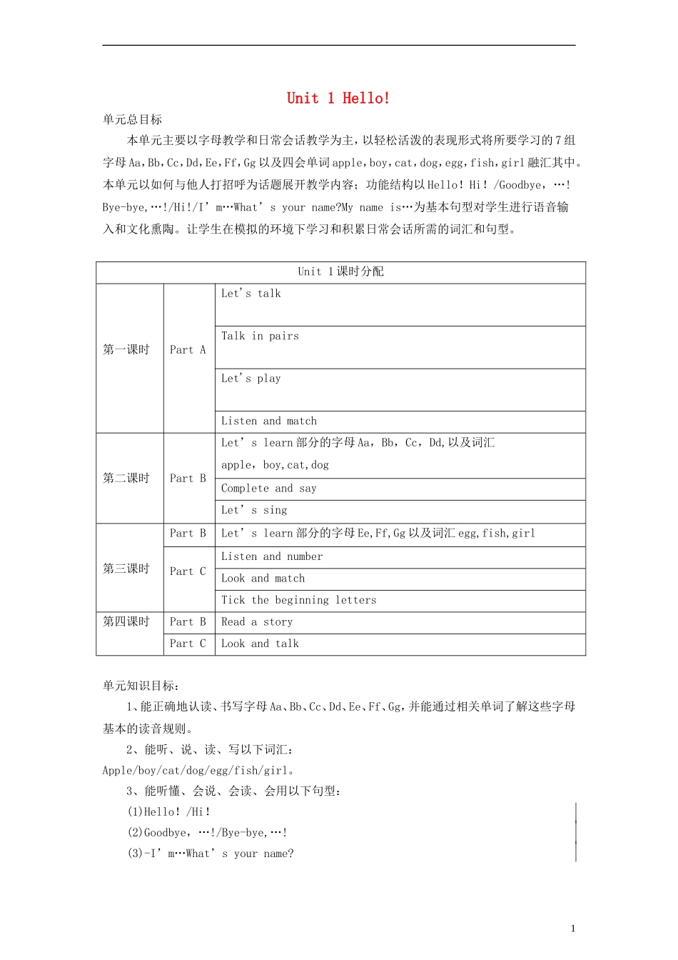 三年级英语上册 Unit1 Hello 第四课时教案 陕旅版_第1页
