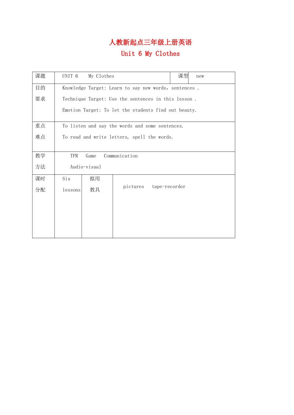 三年级英语上册 Unit 6 第31-36课时教案 人教新起点_第1页