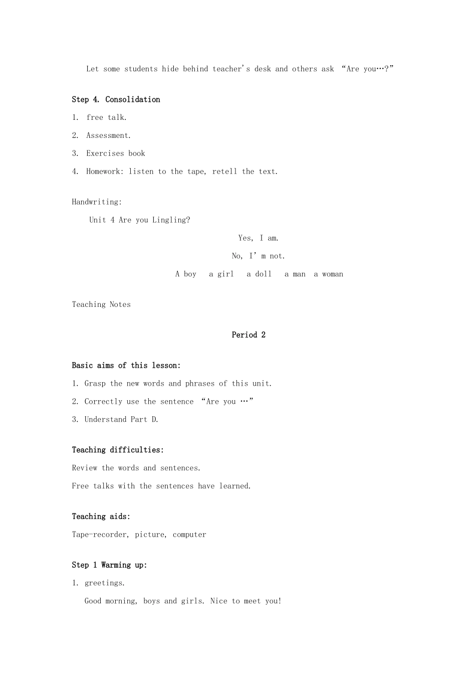 三年级英语上册 Unit 4 Are you Lingling教案3 湘少版-湘少版小学三年级上册英语教案_第3页