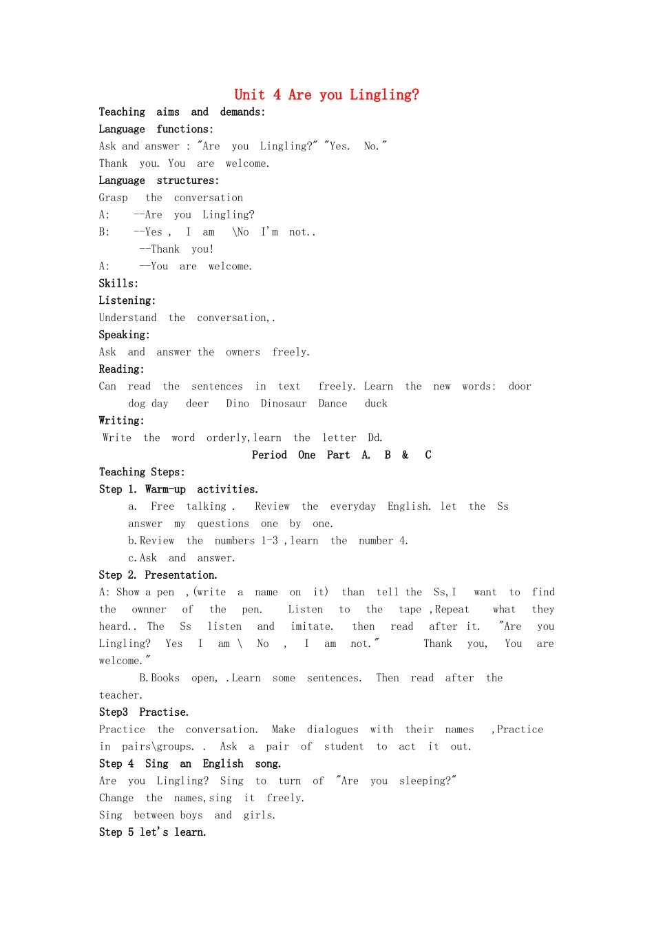 三年级英语上册 Unit 4 Are you Lingling教案2 湘少版-湘少版小学三年级上册英语教案_第1页