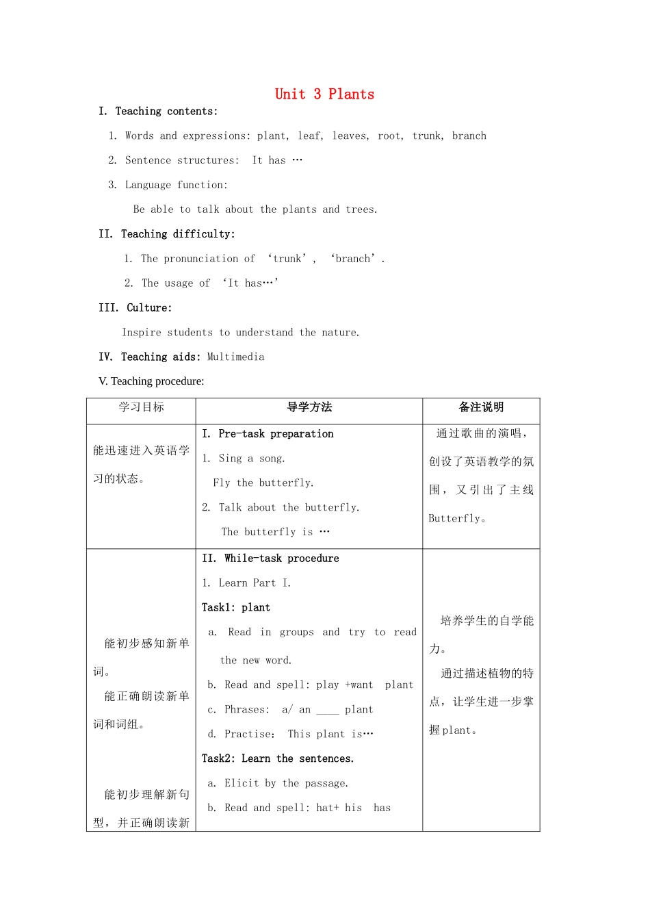 三年级英语上册 Unit 3 Plants教案 沪教牛津版-沪教牛津版小学三年级上册英语教案_第1页