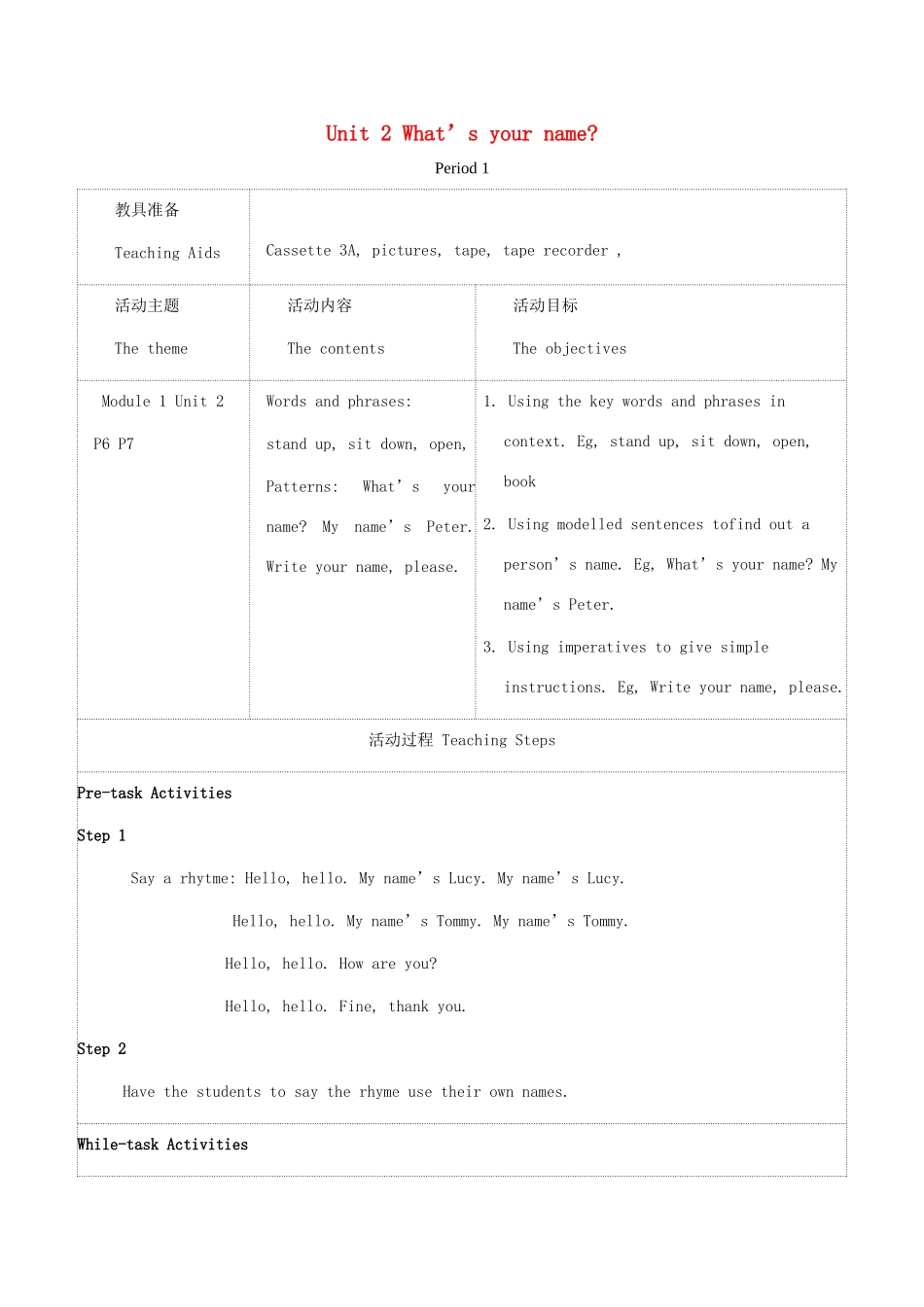 三年级英语上册 Unit 2 What’s your name教案 沪教牛津版-沪教牛津版小学三年级上册英语教案_第1页