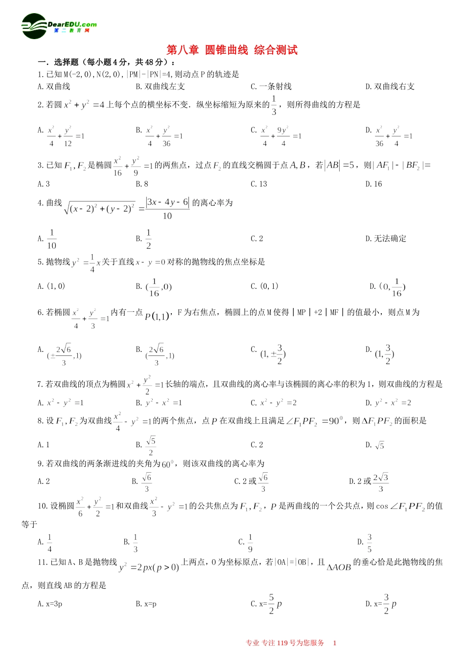 第八章 圆锥曲线 综合测试1_第1页