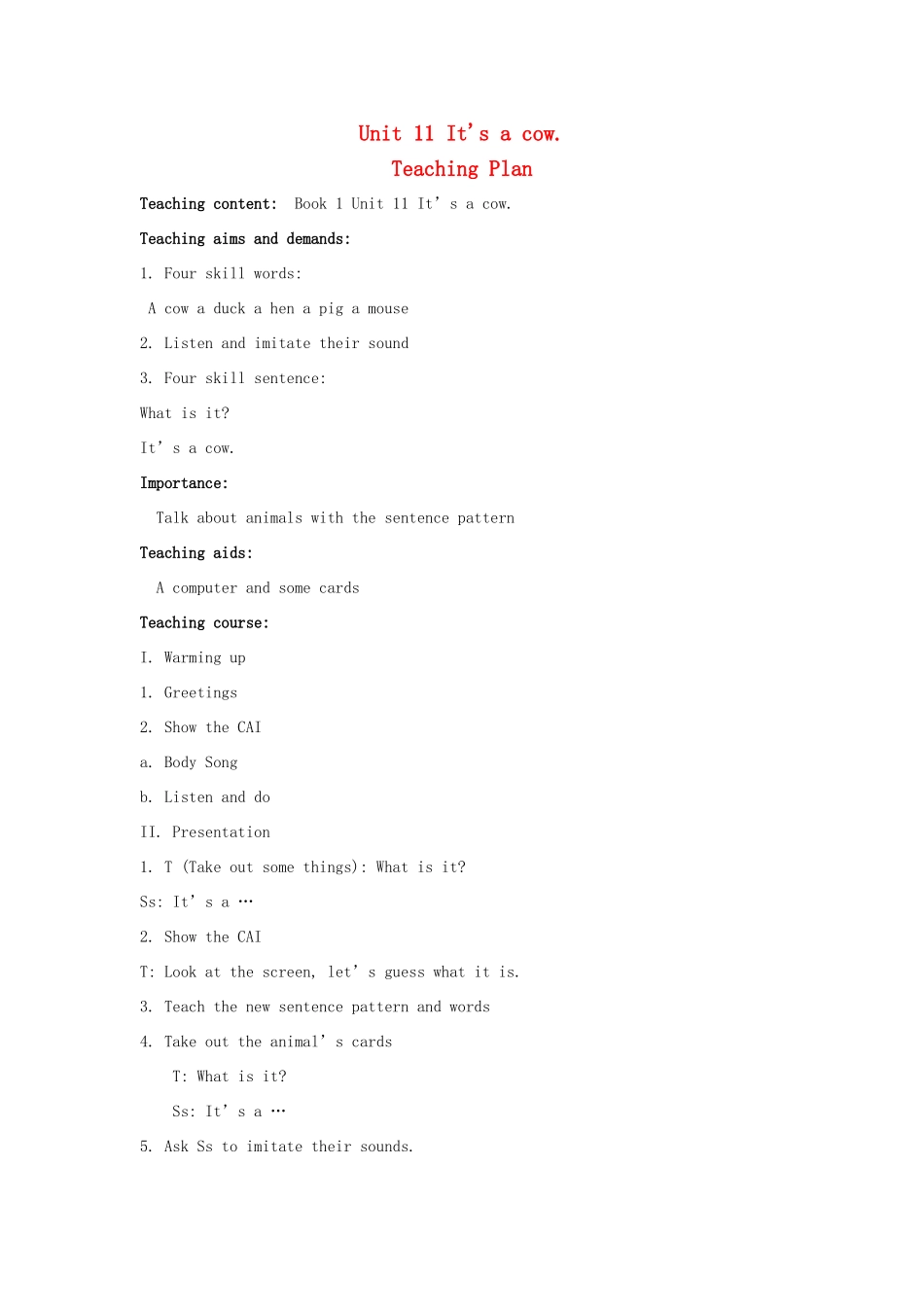 三年级英语上册 Unit 11 It’s a cow教案 湘少版-湘少版小学三年级上册英语教案_第1页