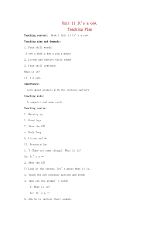 三年级英语上册 Unit 11 It’s a cow教案 湘少版-湘少版小学三年级上册英语教案