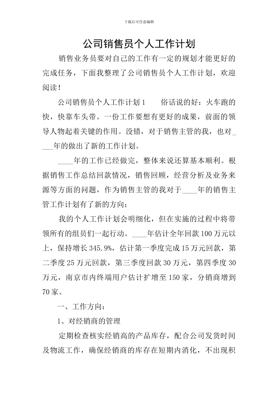 公司销售员个人工作计划_第1页